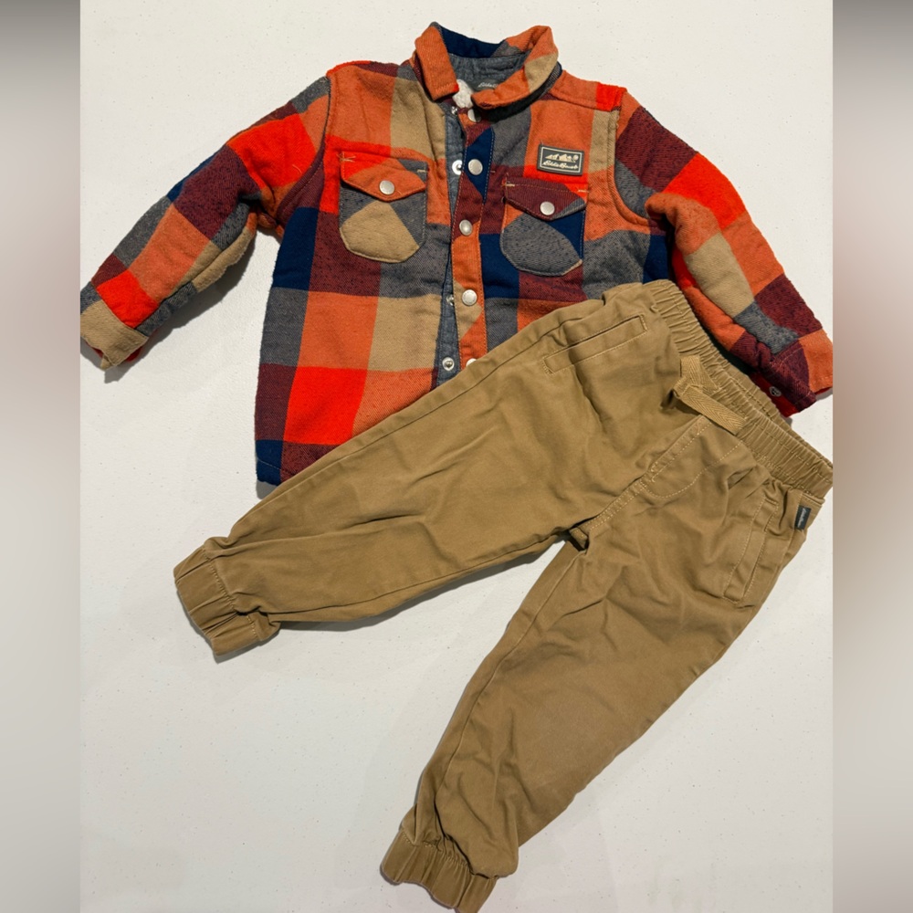 Eddie Bauer Orange and Navy Sherpa-Lined Baby Jacket + Pants set